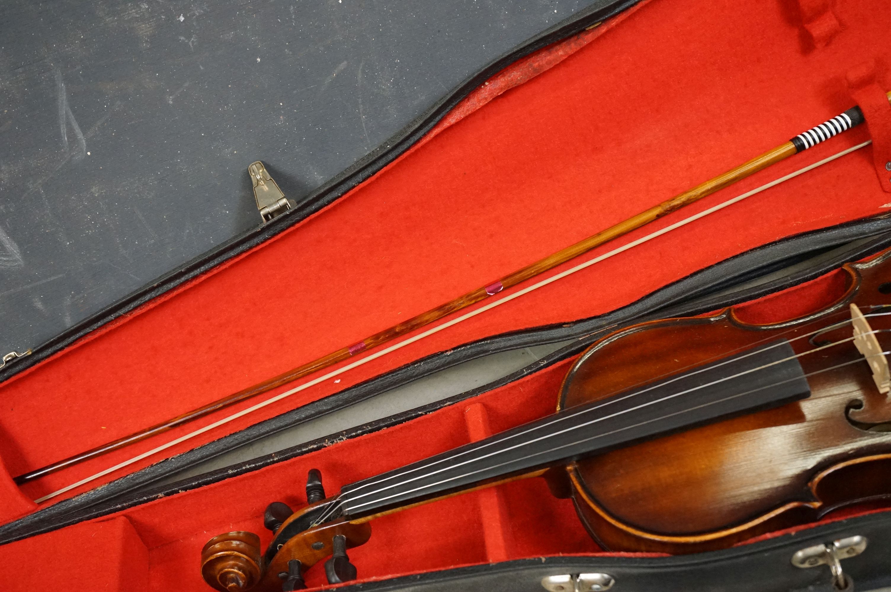 A violin and bow together with hardcase, import label for Boosey & Hawkes to inside of violin. - Image 8 of 10