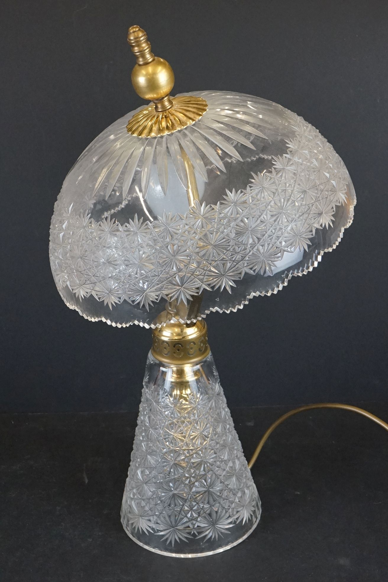 Cut Glass Mushroom Table Lamp and Shade with brass mounts, 56cm high - Image 5 of 5