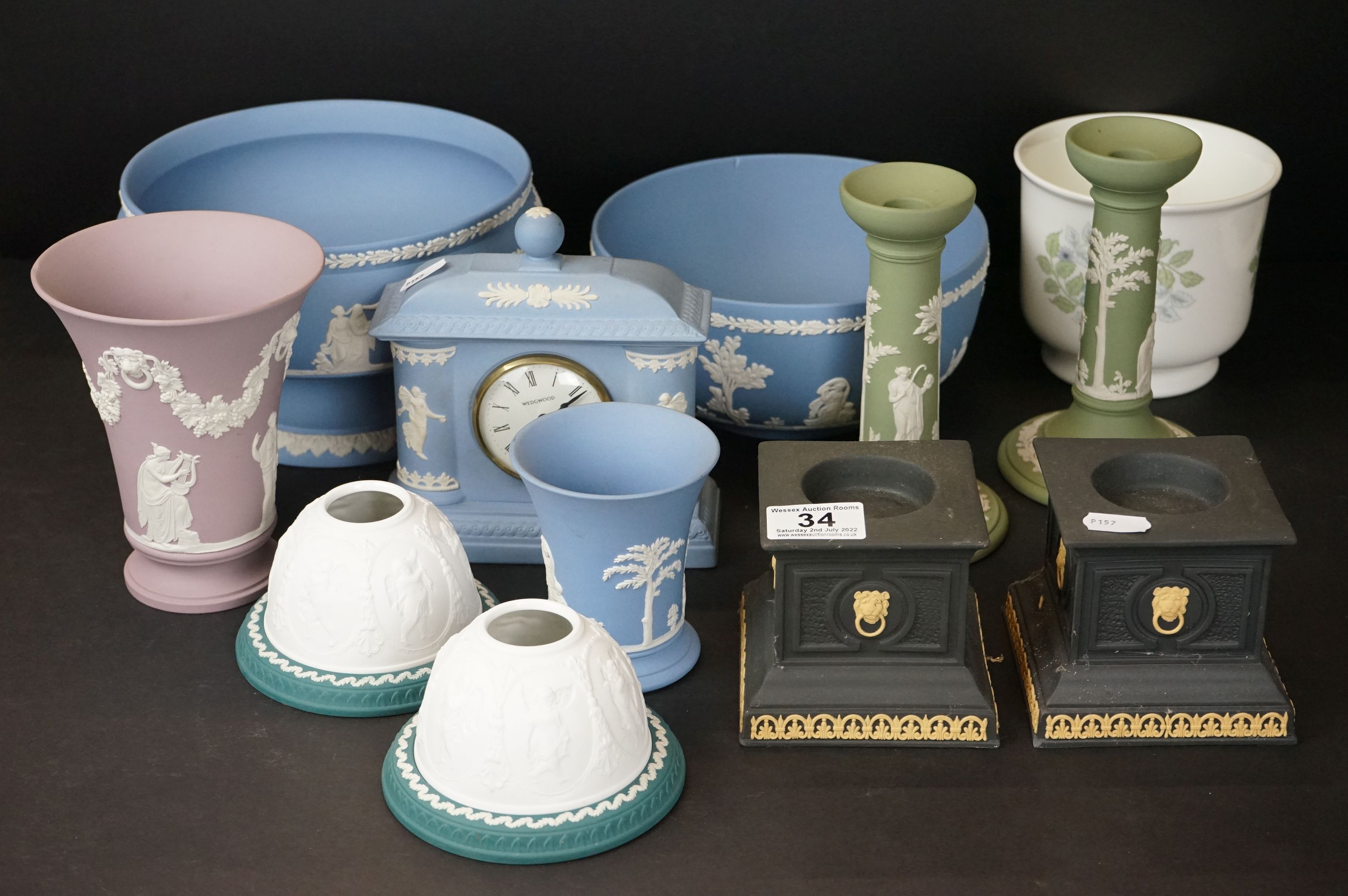 Quantity of Wedgwood Jasperware - to include a quartz mantle clock, bowl, tazza, a pair of