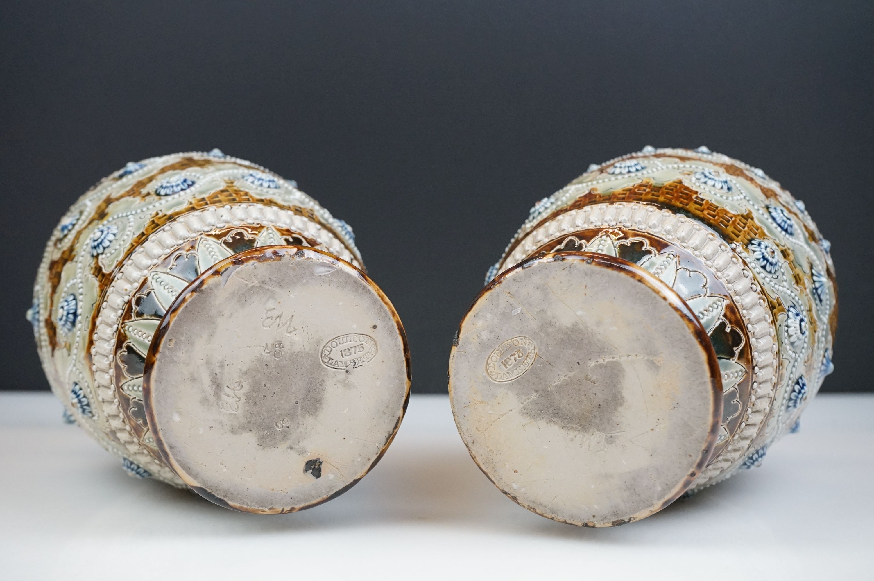 Pair of 19th century Doulton Lambeth Stoneware Vases, signed EM (Emma Martin), 20cm high - Image 3 of 6