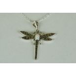 Silver and marcasite dragonfly necklace with opal panel