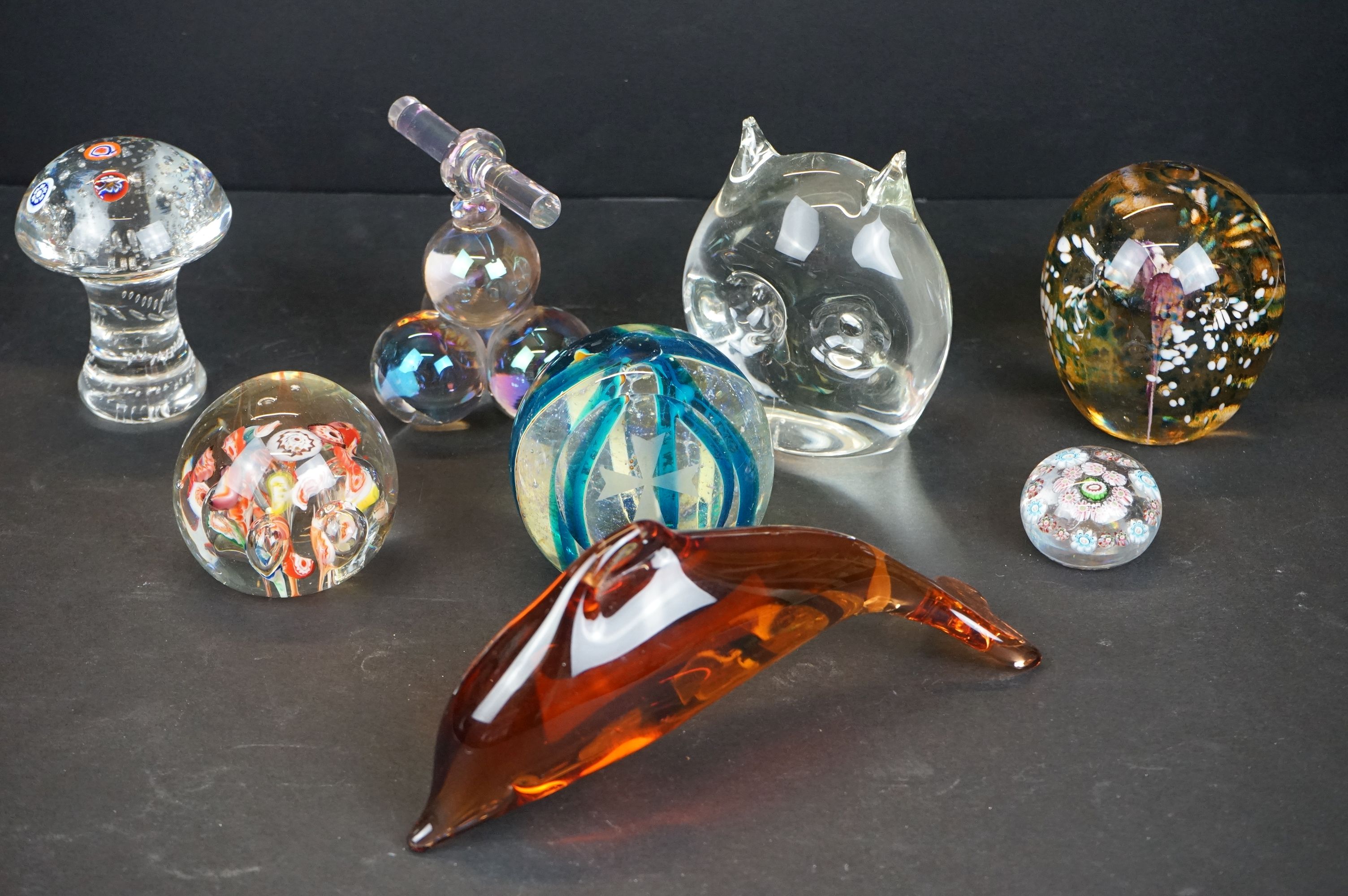 Collection of glass paperweights to include Mdina and Caithness examples