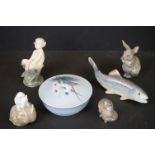 Six items of Royal Copenhagen Porcelain including Rabbit 1019, Salmon 449, Mouse on a Chestnut