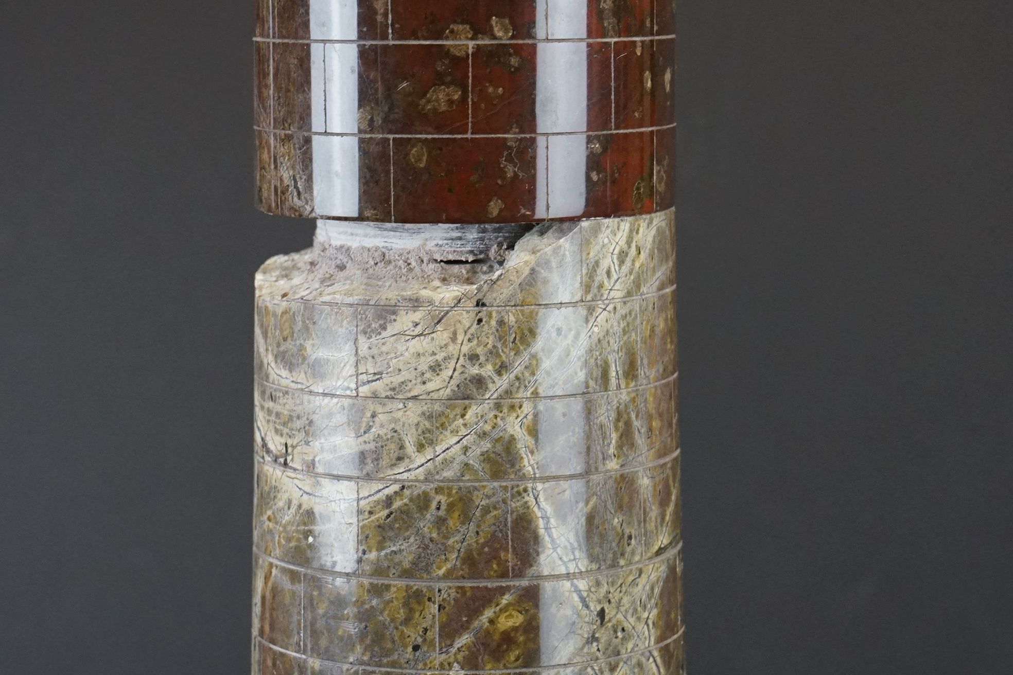 Large Cornish Serpentine Stone Lighthouse Table Lamp, the main body formed from bands of red and - Image 5 of 7