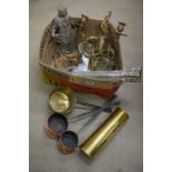 A collection of mixed metal ware to include pair of 19th century brass wall sconces, copper pans and