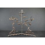 Vintage Folk Art iron three branch candlestick, in the form of a tree with stylised birds