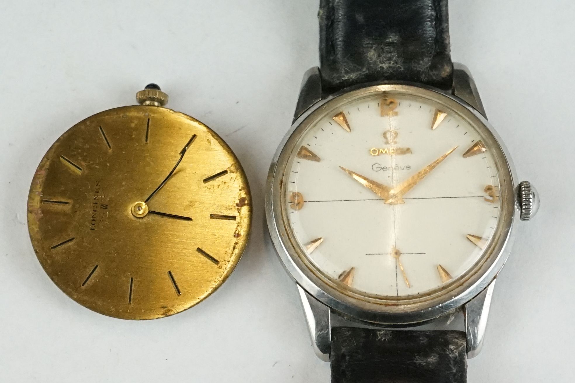 A vintage Gents Omega Geneve wristwatch together with a Longines movement.