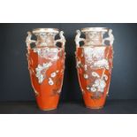 Pair of ceramic Japanese twin-handled vases with prunus decoration, signed to base