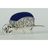 Silver wheelbarrow pin cushion