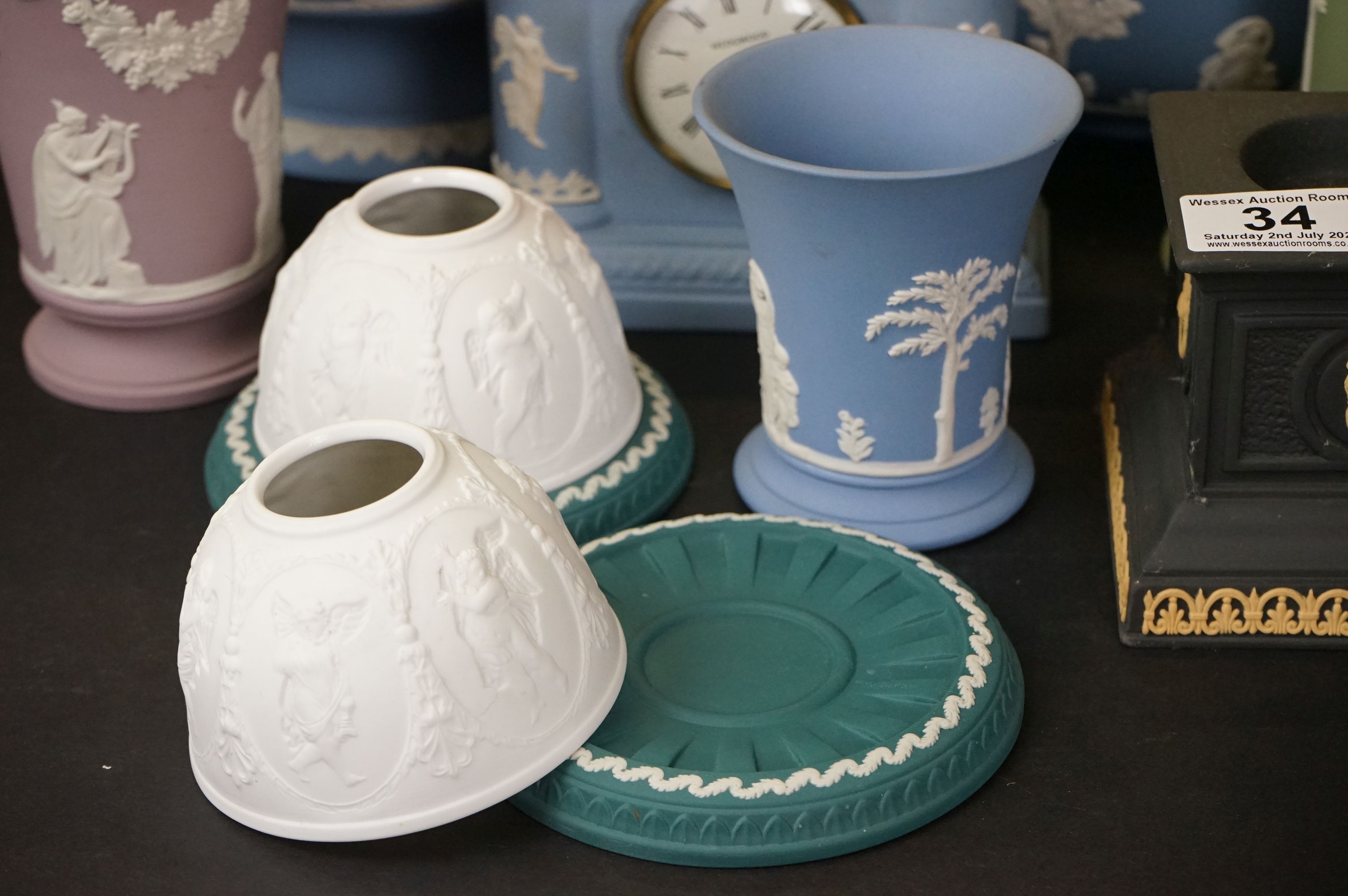 Quantity of Wedgwood Jasperware - to include a quartz mantle clock, bowl, tazza, a pair of - Image 2 of 8
