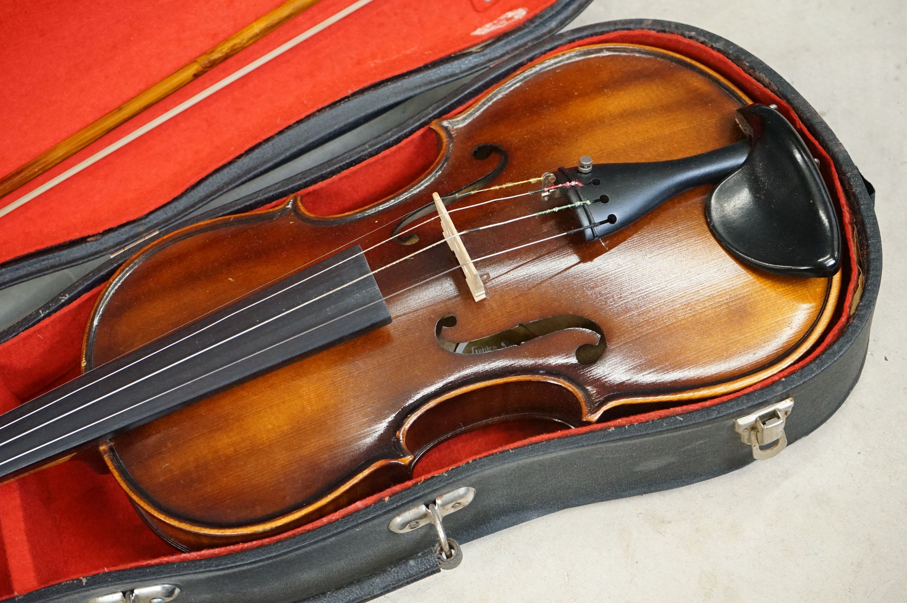 A violin and bow together with hardcase, import label for Boosey & Hawkes to inside of violin. - Image 2 of 10