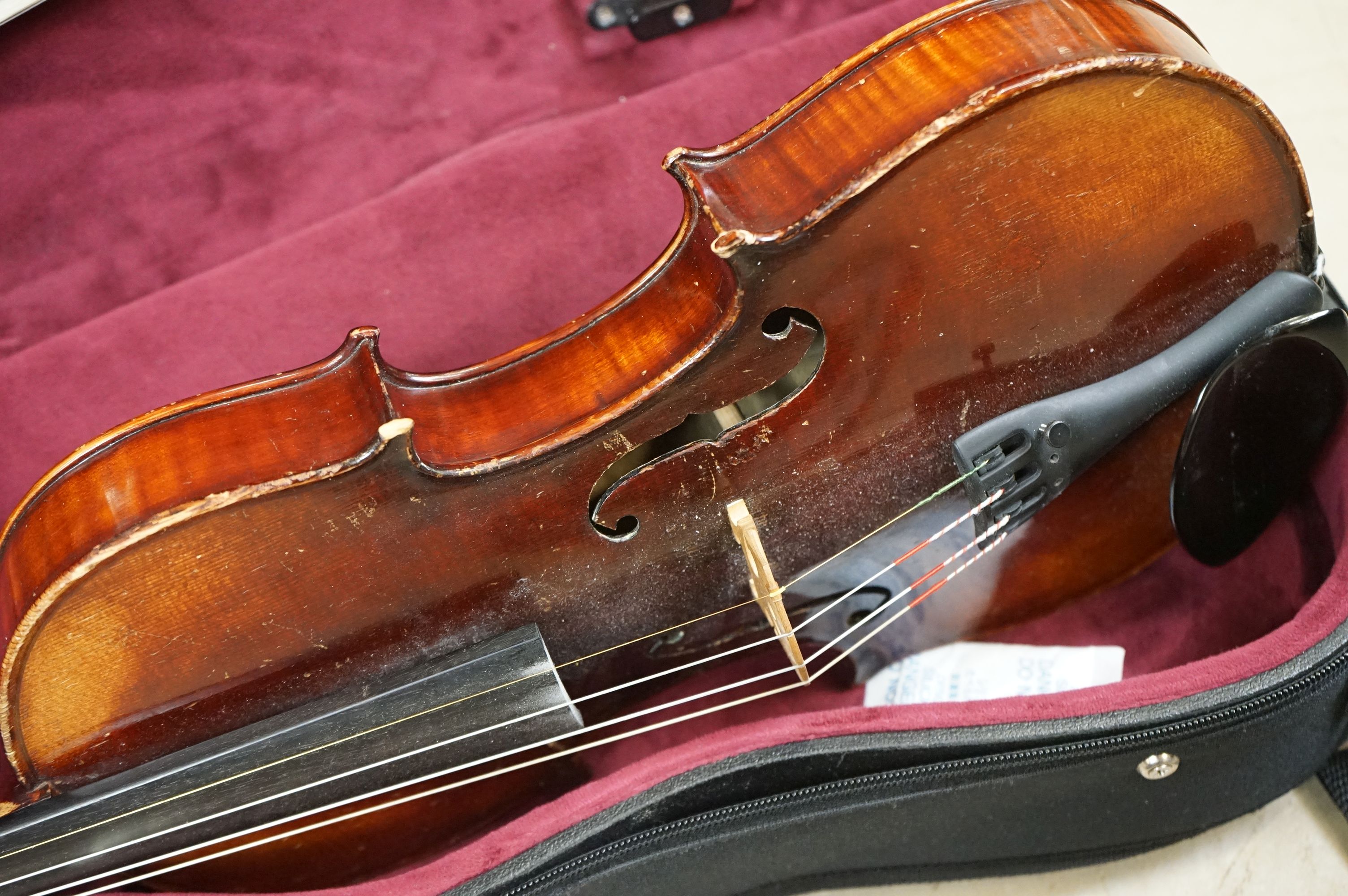 A violin and bow, unmarked, possibly German (Length of back 34cm) with Everest support together with - Image 8 of 11