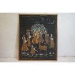 Large Anglo Indian watercolour on textile portrait of princes with servants and ox