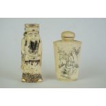 An oriental carved bone snuff bottle with engraved erotic scene together with a similar figure.