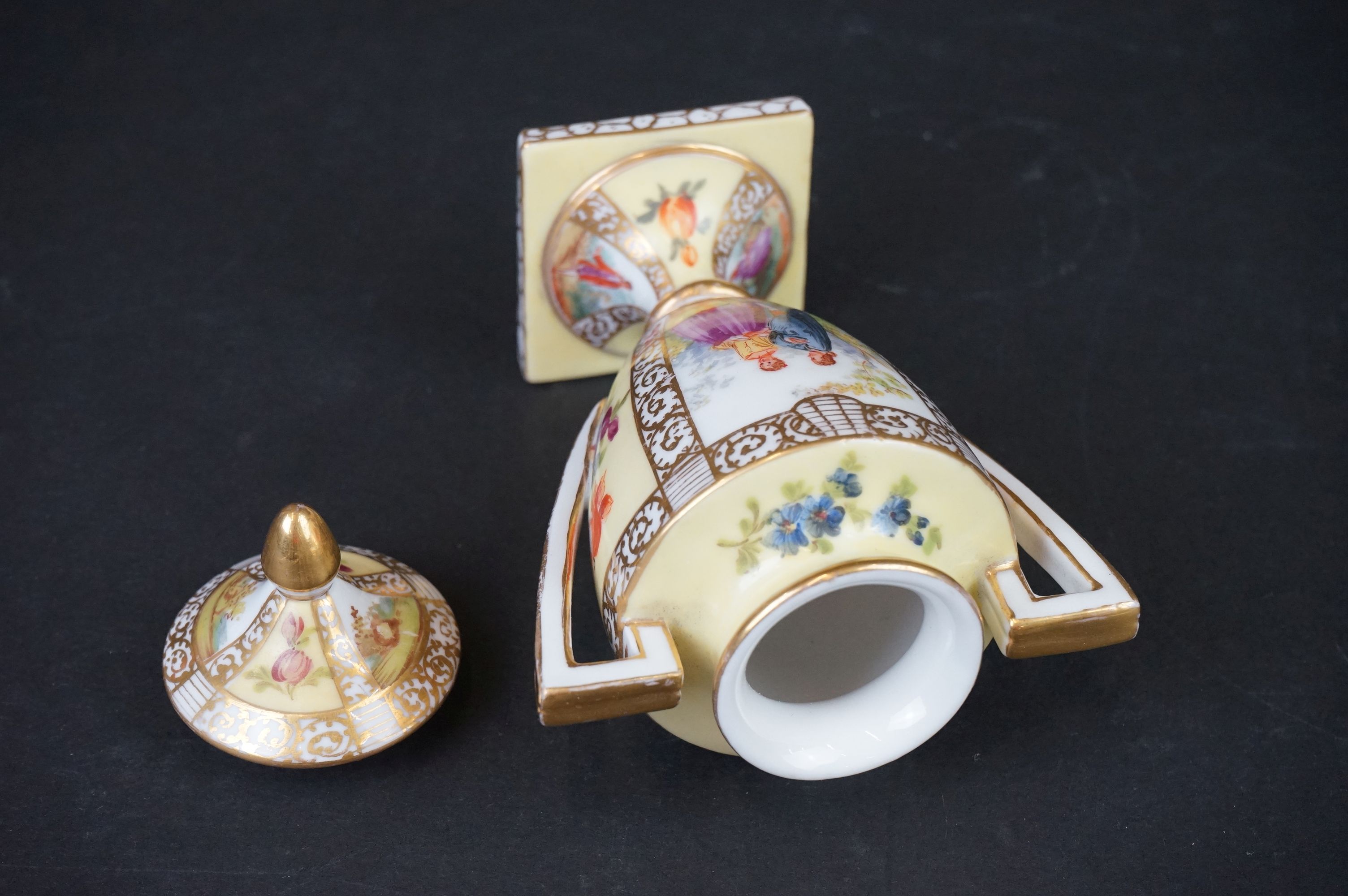 Dresden Porcelain Lidded Urn decorated with hand painted panels of classical figures and flowers, in - Image 2 of 5