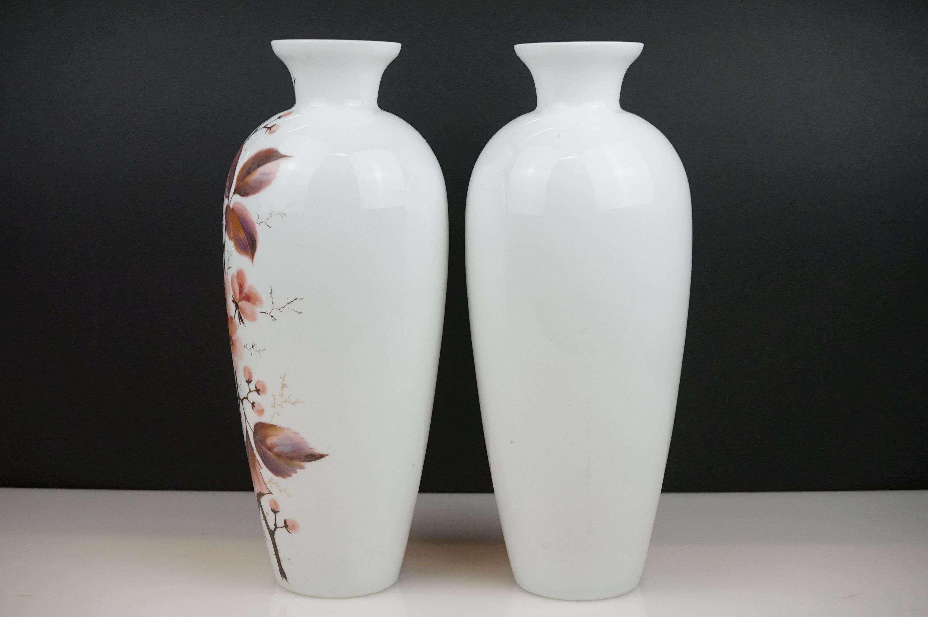 Pair of antique opaline glass vases with hand painted leaf decoration, 32cm tall - Image 2 of 4