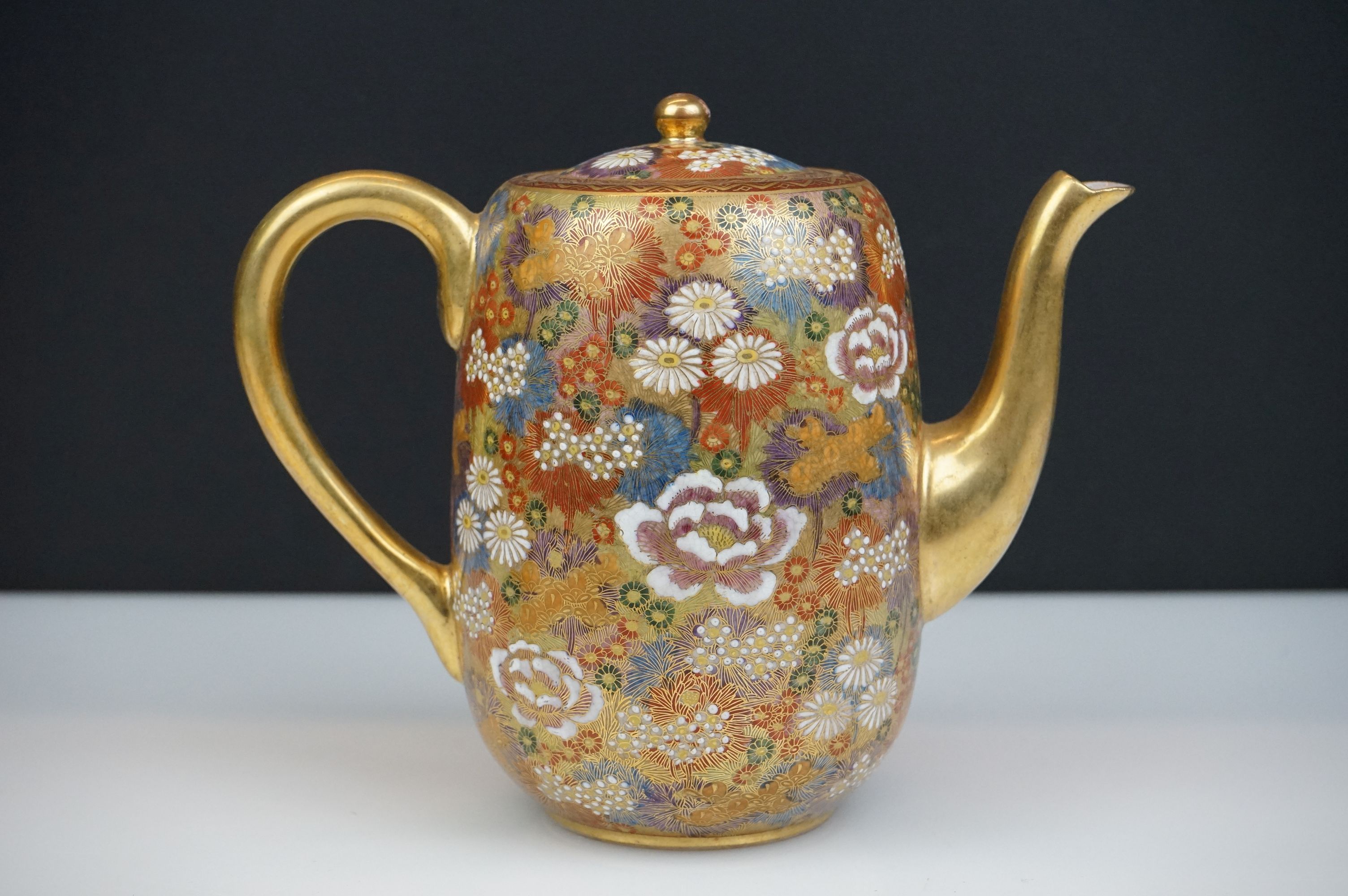 Japanese Satsuma Three Piece Coffee Set decorated with flowers on a gilt ground, marks to base, - Image 7 of 8