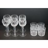 Six Waterford Crystal wine glasses together with a set of four hobnail cut glass tumblers by Thomas