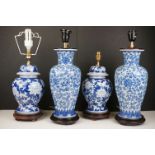 Pair of Blue and White Ceramic Table Lamps in the form of Lidded Ginger Jars on Wooden Stands,