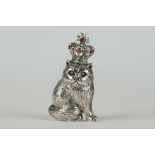 Silver royal cat brooch, set with ruby crown and emerald eyes