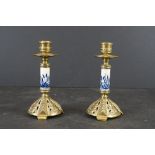 Pair of brass and ceramic aesthetic, late 19th Century candlesticks with registration diamond to