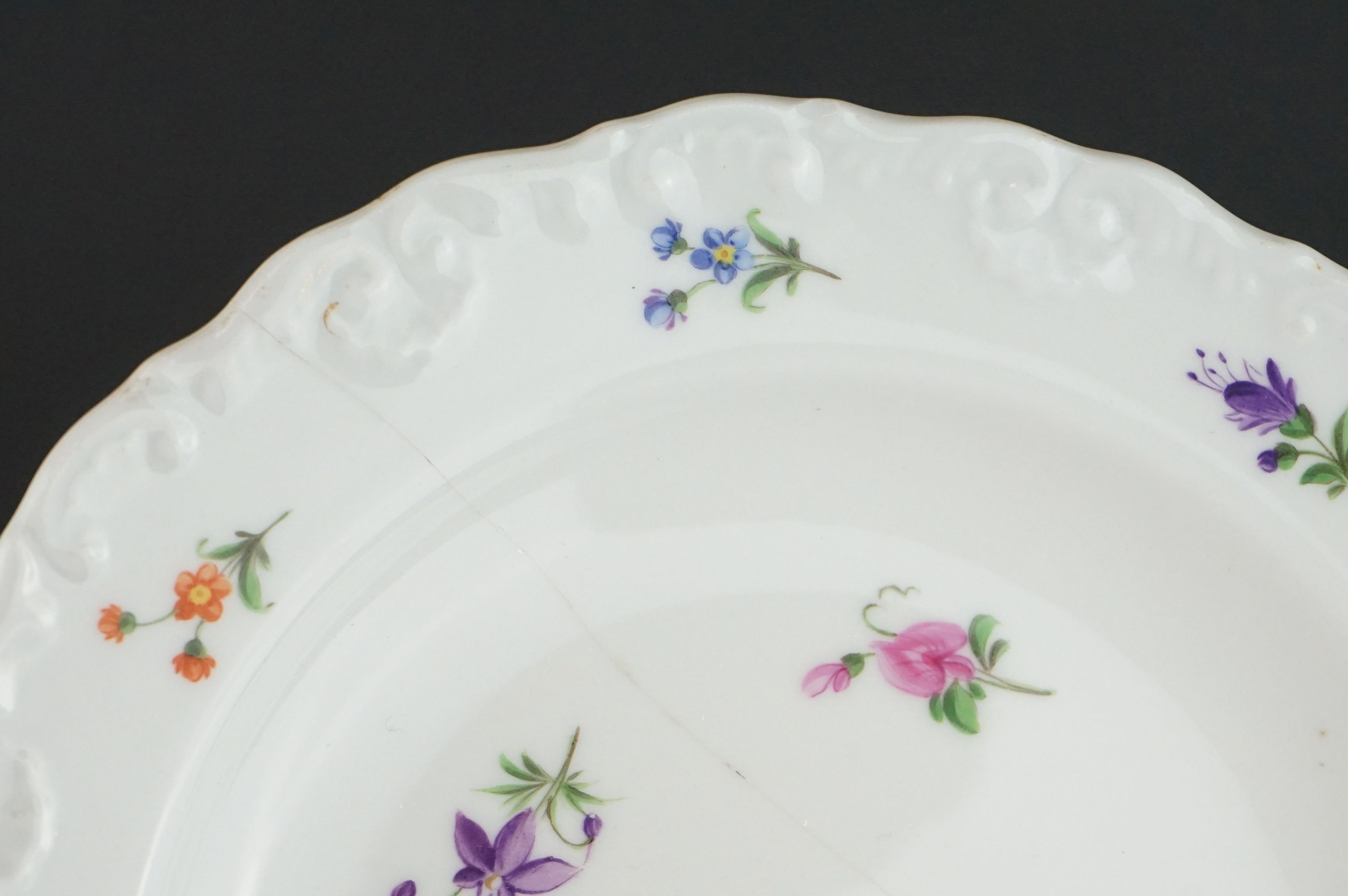 Set of Six Meissen Porcelain Tea Plates decorated with flowers, blue under-glazed cross swords mark, - Image 5 of 9