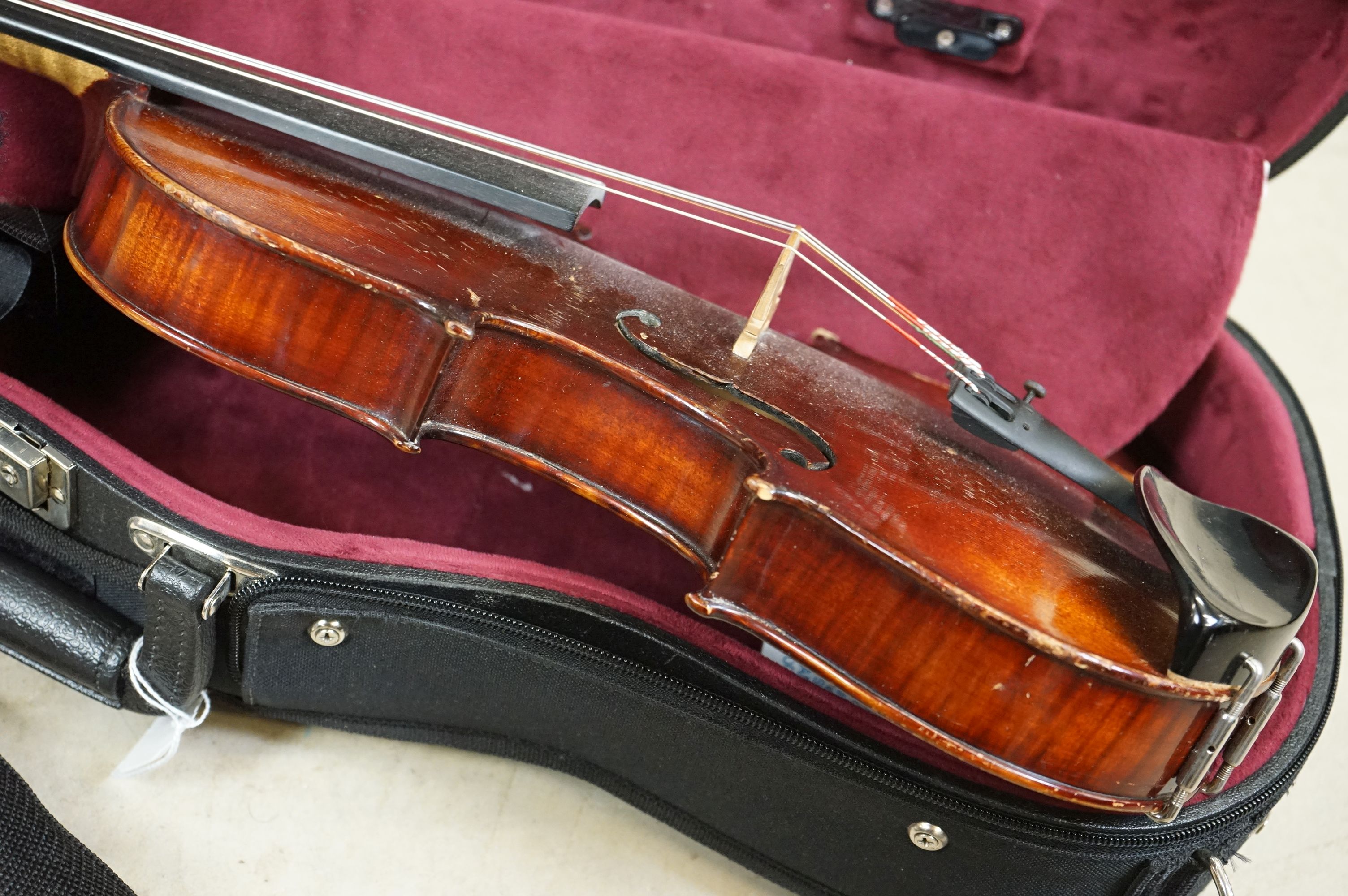 A violin and bow, unmarked, possibly German (Length of back 34cm) with Everest support together with - Image 4 of 11