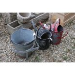 Two vintage galvanised watering cans and 2 metal buckets