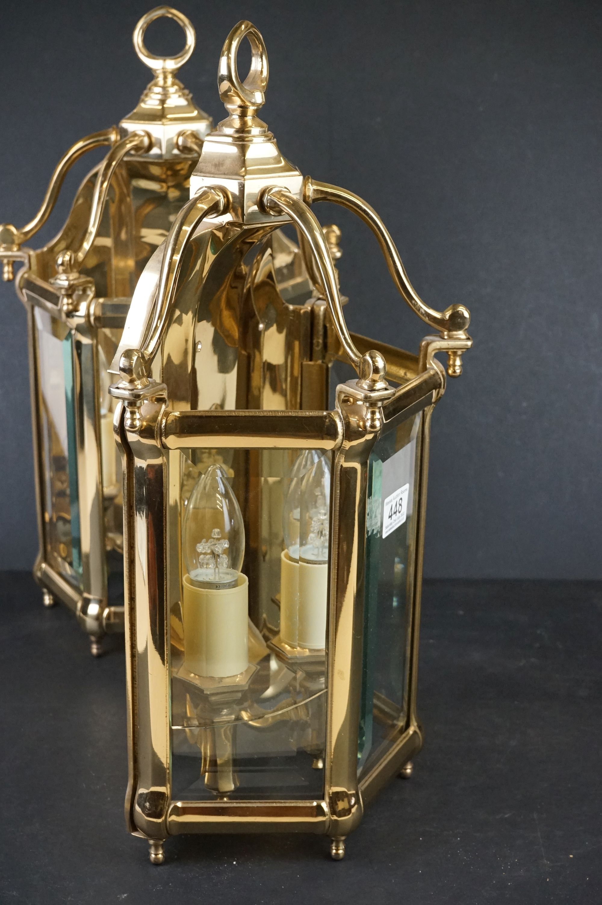 A pair of heavy gauge gilt brass wall lights in the George III style with three bevelled glass - Image 4 of 5