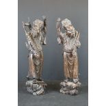 Pair of Chinese Carved Hardwood Warrior Guard Figures with intricate silver inlay, tallest 43cm