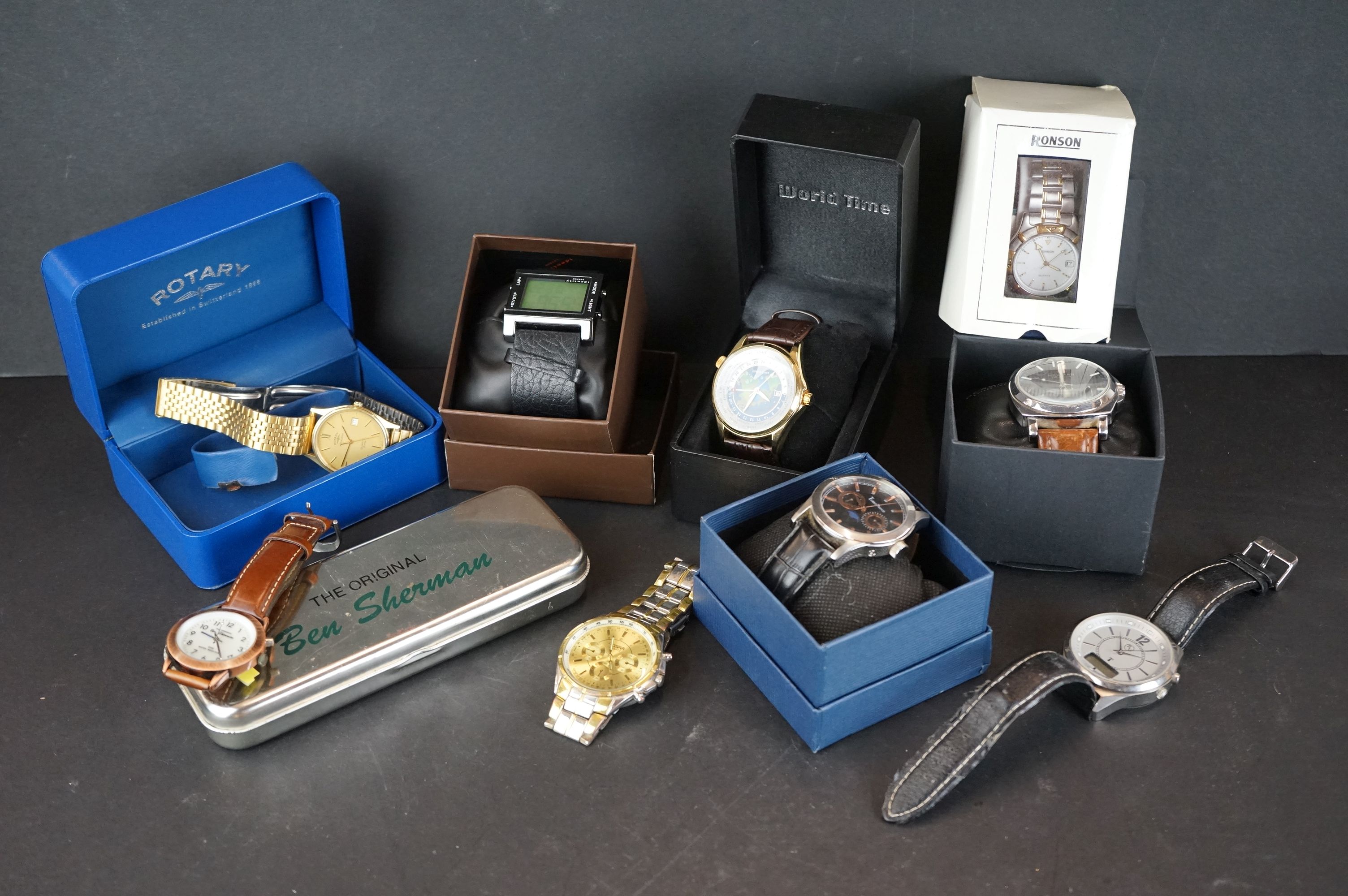 Assorted watches to include Identity, Ben Sherman, Rotary, World Time, Chronographs, etc