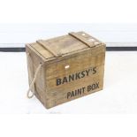 Wooden Box with lift off lid and rope handles marked to side ' Banksy's Paint Box ', 41cm wide x