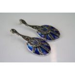 A pair of silver marcasite and enamel set drop earrings.
