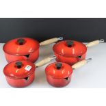 Set of Four Le Creuset Red Cast Iron and Enamel Saucepans with Lids, sizes 22, 20, 16, 14
