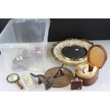A box of mixed collectables to include a brass trivet, sun dial, leather cased collars, nut