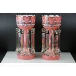 A pair of Victorian large pink glass hand painted lustres with crystal droplets.