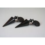 A pair of designer Yves Saint Laurent modernist conical drop earrings with clip fitting.