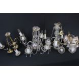 A collection of antique interior lighting to include a glass three branch chandelier.