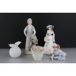 Five ceramic figures and ornaments to include a Lladro ' Pierrot With Puppy and Ball ' Nao Shoe
