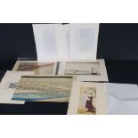 Collection of Eight Japanese / Chinese Unframed Pictures including Watercolour of Birds within