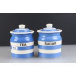 T G Green Cloverleaf Cornish ware Blue and White Striped Storage Jars and Lids, one marked Tea and