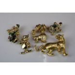 Five Costume Jewellery Brooches including Lioness, Enamelled Clown, Cat, Tortoise and Dog