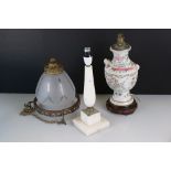 Oriental Famille Rose urn-shaped lamp base on pot stand, 35cm tall, together with a white marble
