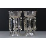 A pair of Victorian clear glass lustres with crystal droplets.