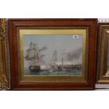 A 19th century Maple framed marine scene painting depicting English & American men on warships at