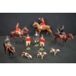 Britains mid 20th C lead hunting figures to include 2 x mounted huntsmen, 2 x mounted huntswomen,