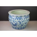 Contemporary Chinese Blue and White Fish Bowl / Jardiniere decorated with butterflies, 31cm diameter