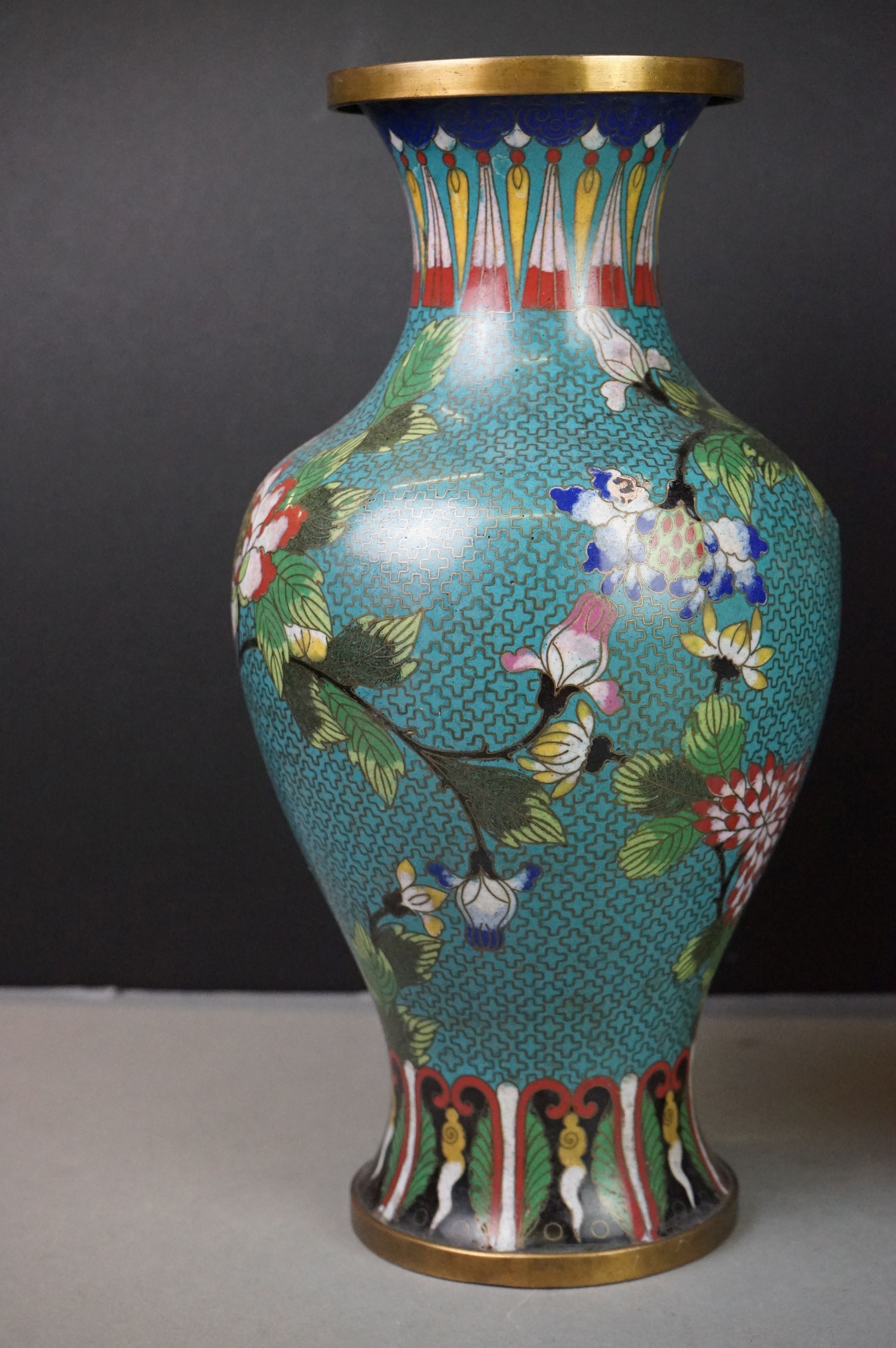 Pair of Chinese Cloisonne Vases decorated with flowers on a turquoise ground, 32cm high - Image 4 of 13