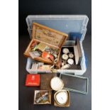 A box of mixed collectables to include watches, clocks, lighters, razors, badges, coins...etc..