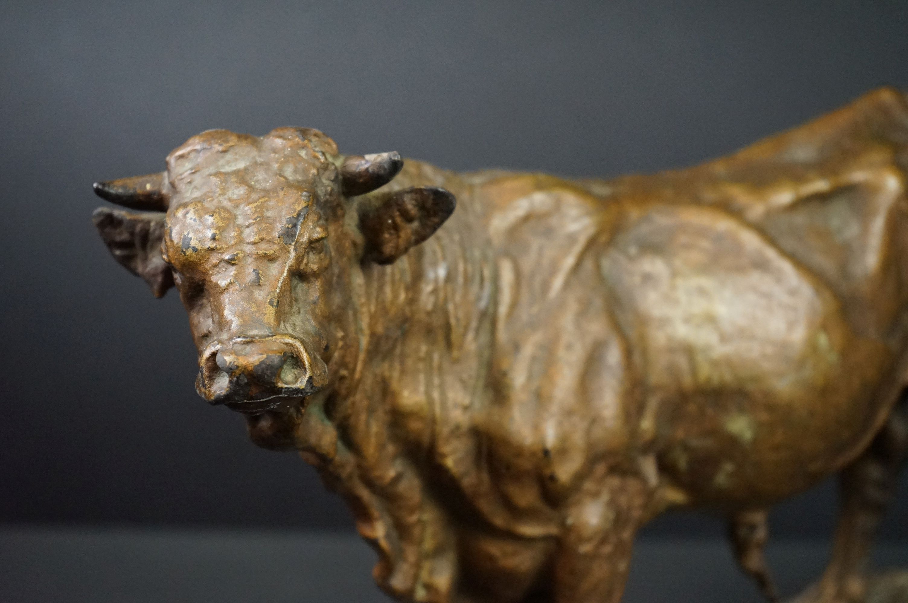 A large spelter ornamental figure of a bull. Mene to plinth - Image 3 of 5